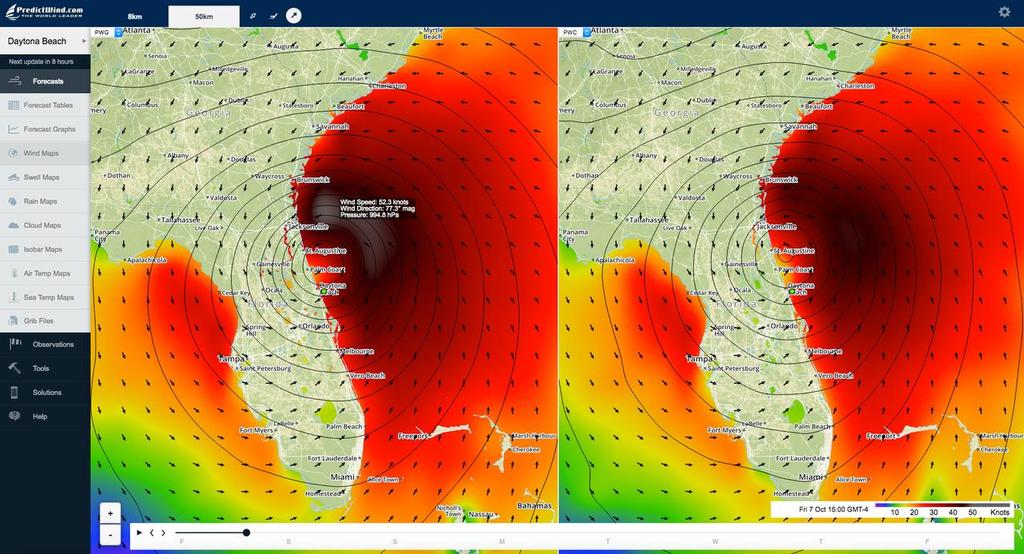Hurricane Matthew - off Jacksonville - 1 -  the text box shows a wind speed of 52.3kts, from 077 with a pressure of 994pa. © PredictWind